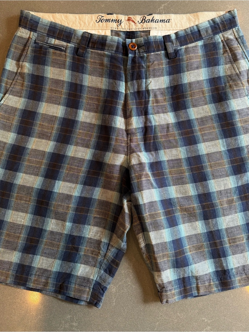 Tommy Bahama Blue and Brown Plaid Flat Front Shorts